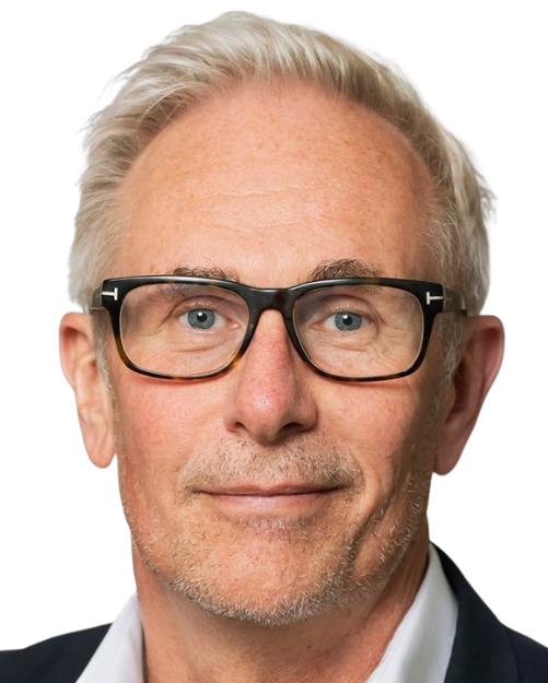 A headshot of a light haired man wearing glasses and a suit edited within a simple circle graphic with a bright purple background.