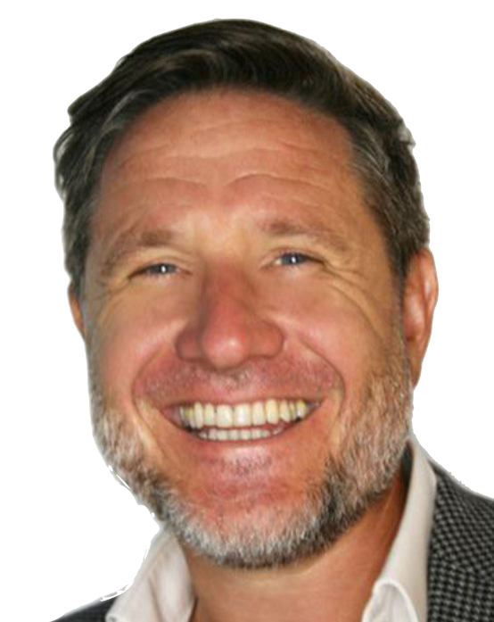 A headshot of a smiling man with short dark brown hair and a dark blue shirt edited within a simple circle graphic that has a bright purple background.