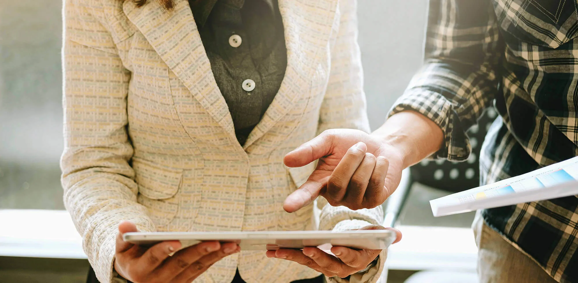 woman and man working together marketing talk