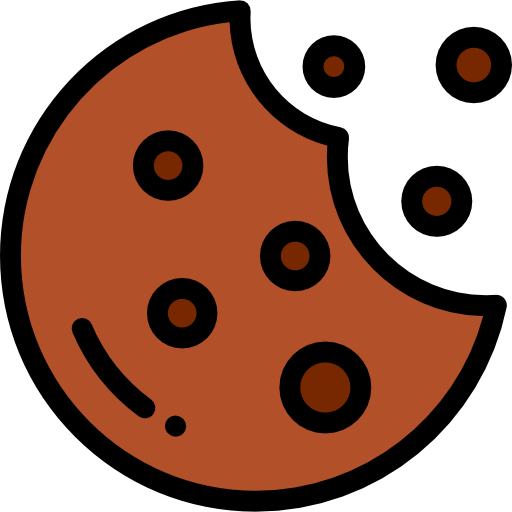 Illustration of a chocolate chip cookie with a bite taken out and crumbs flying off.