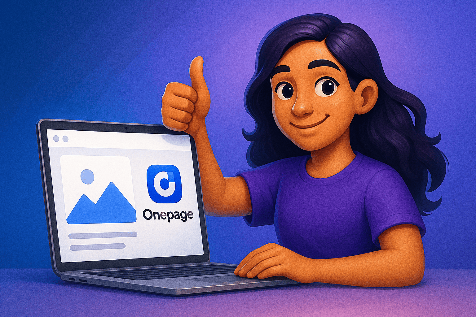 Woman giving thumbs up in front of laptop showing Onepage logo – modern illustration promoting easy website creation without coding