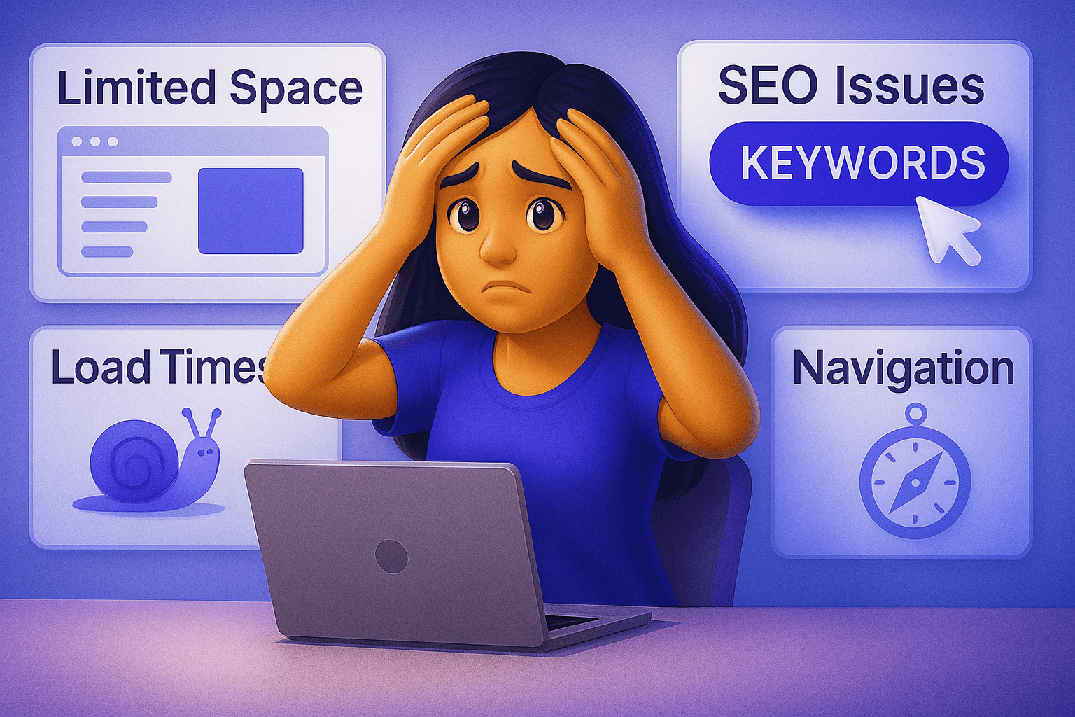 Frustrated woman at laptop surrounded by icons for SEO issues, loading times, navigation and limited space – modern illustration of website challenges