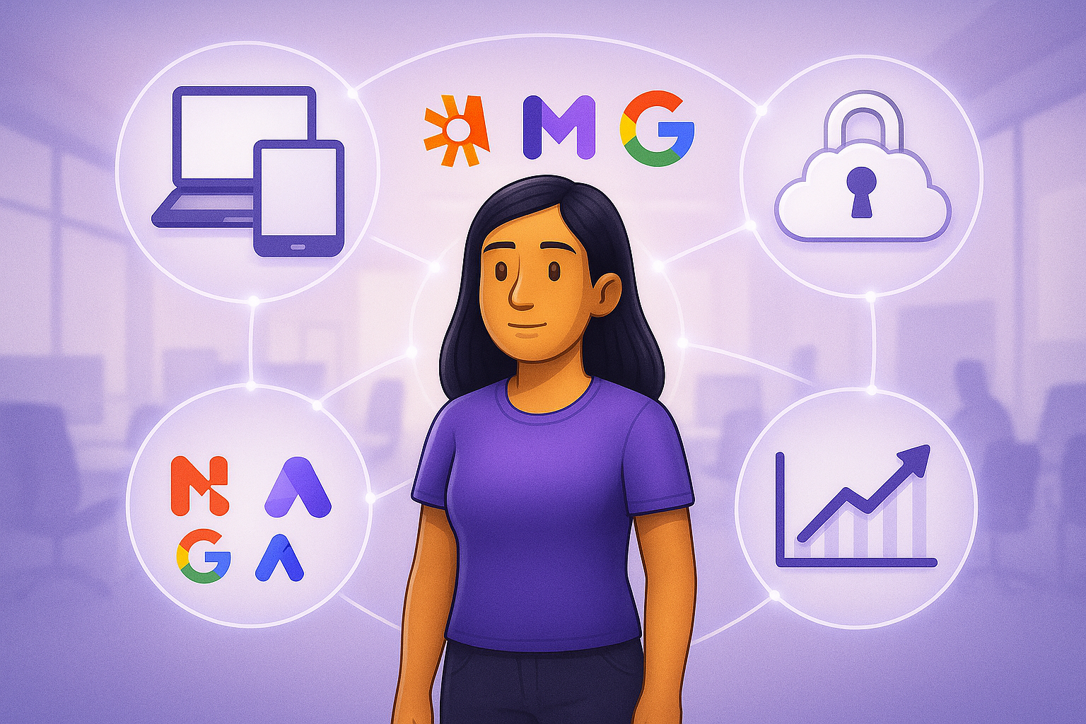 A woman stands at the center of a digital network featuring icons for devices, integrations, security, and growth — illustrating Meetovo’s four key strengths in recruiting.