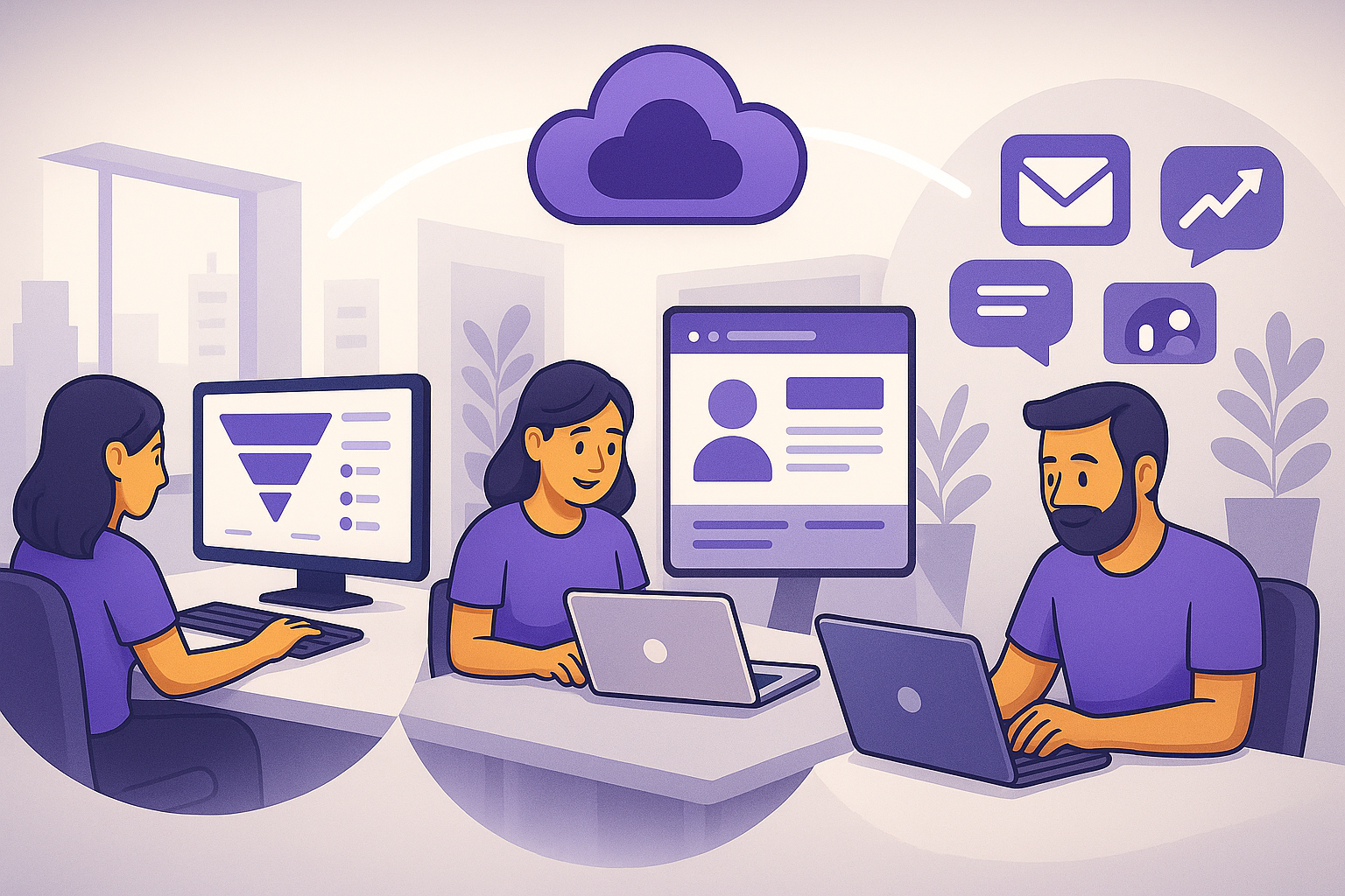 Three connected offices for HR, agency, and SMB – linked by a cloud, symbolizing efficient recruiting with Meetovo.