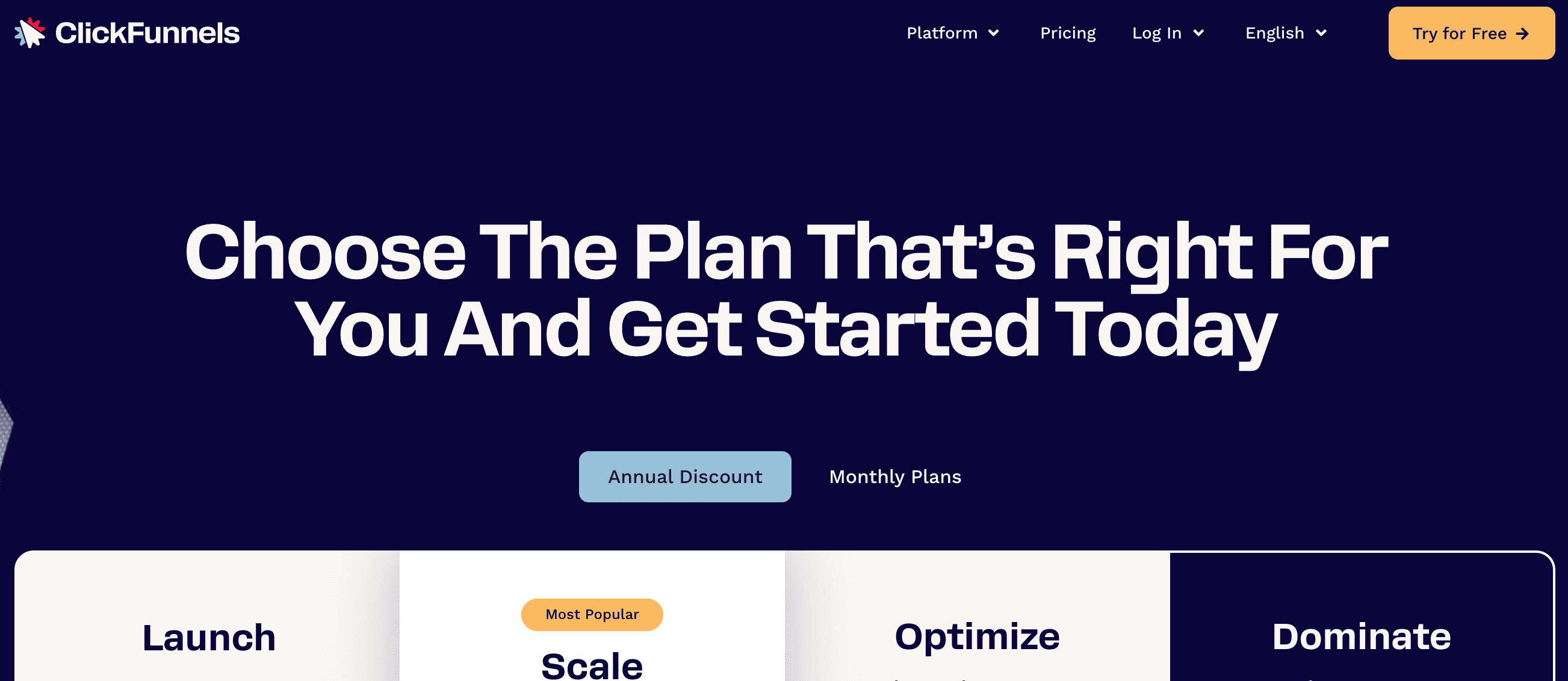 Screenshot of the ClickFunnels pricing overview showing the Launch, Scale, Optimize, and Dominate plans.