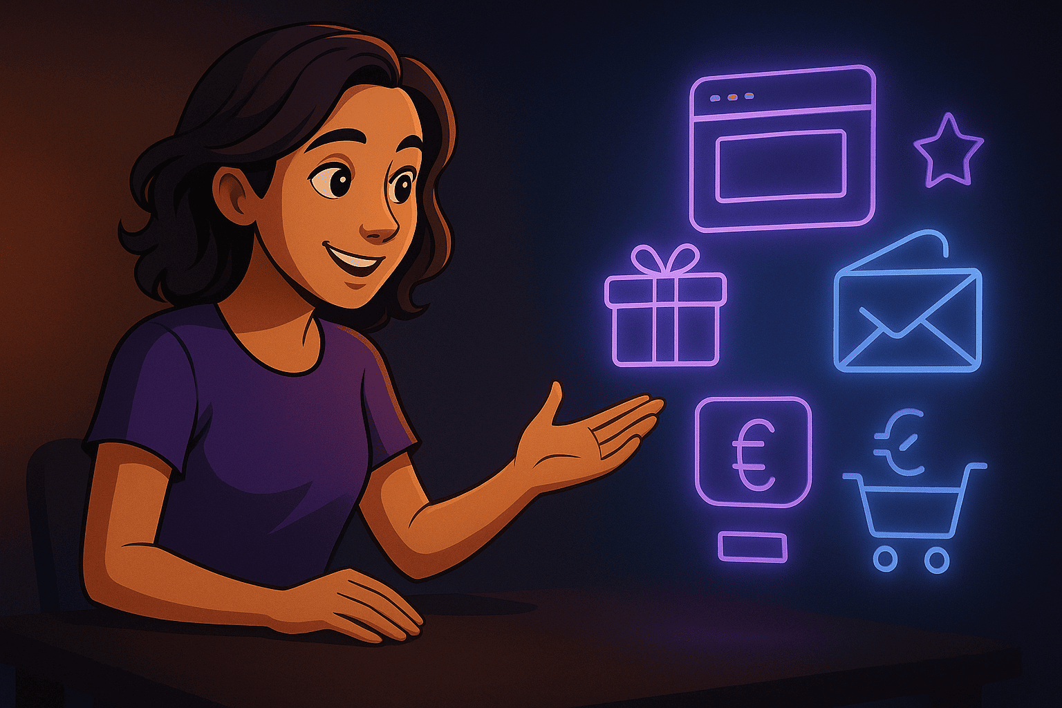 Illustration of a team member highlighting glowing neon icons such as landing page, lead magnet, email sequence, and checkout elements.