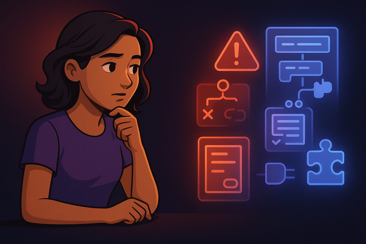 Illustration of a thoughtful team member next to red warning icons for tool limitations and blue icons representing alternative solutions.