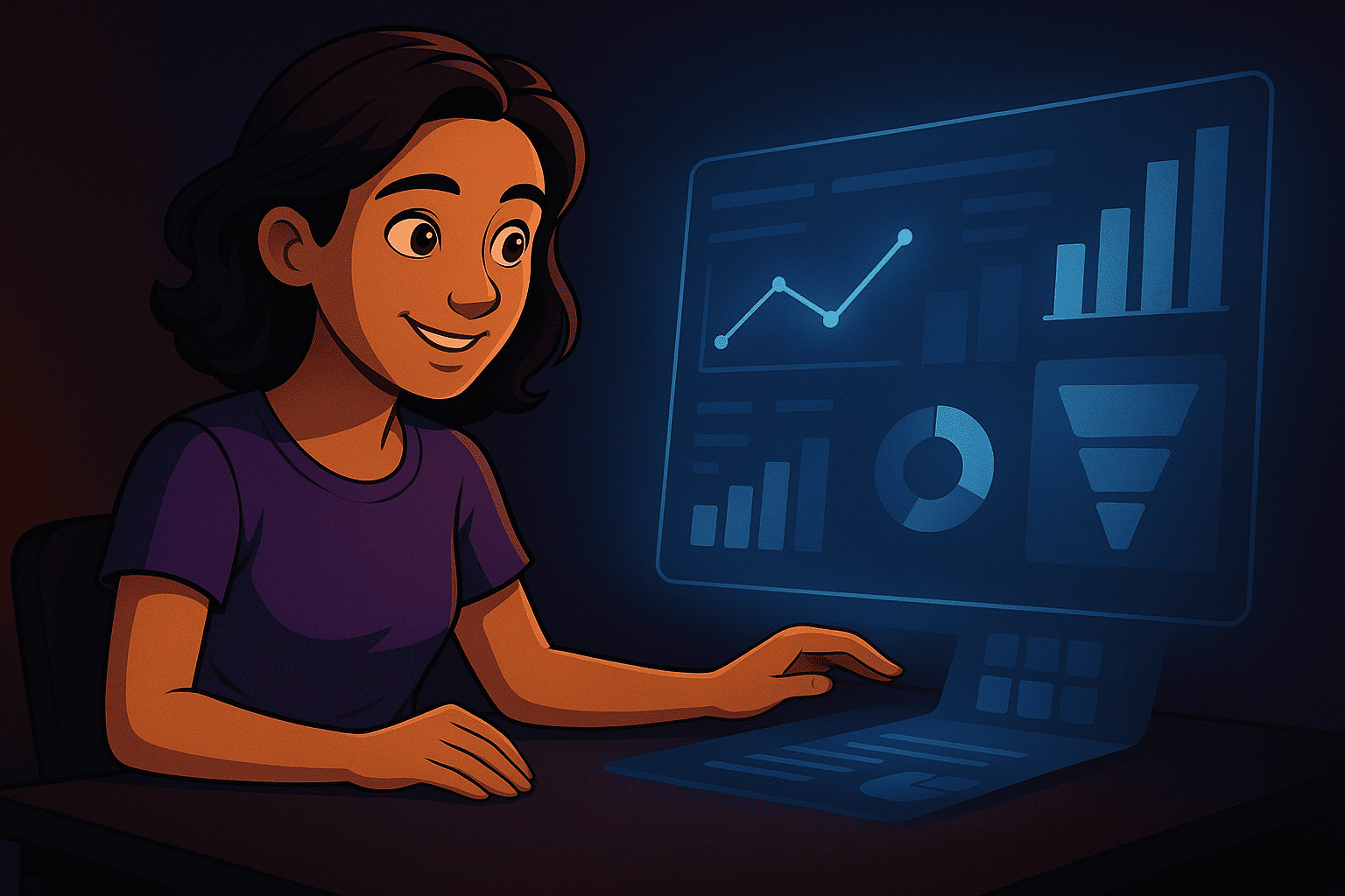 Illustration of a team member in front of a holographic analytics dashboard showing charts and funnel metrics for data-driven optimization.