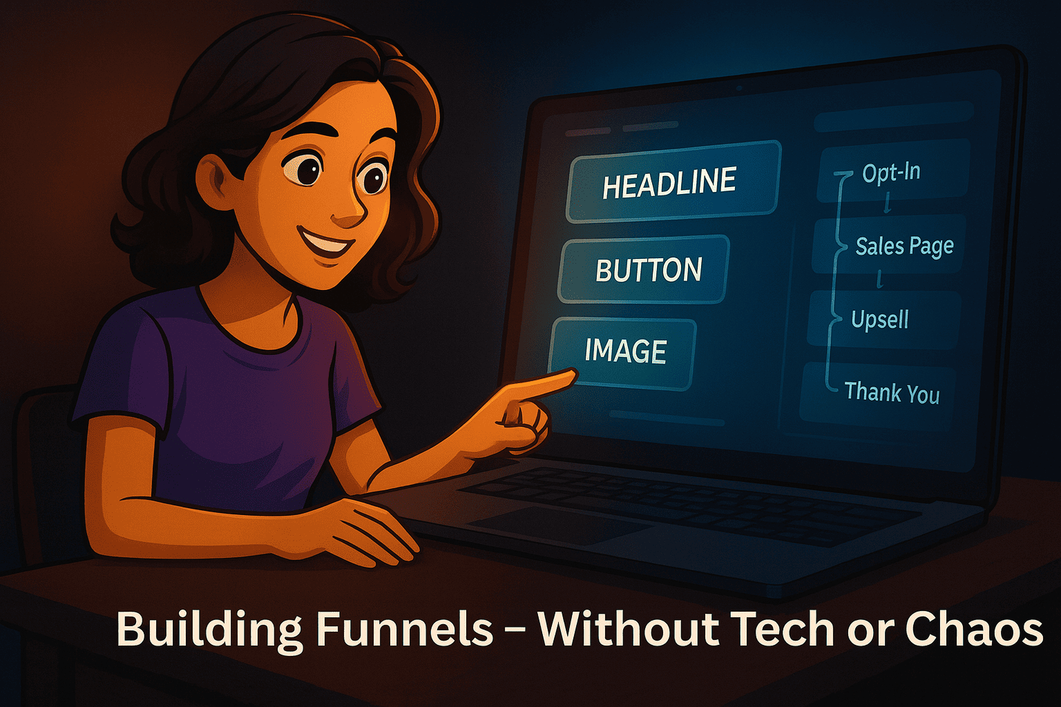 Cinematic illustration of a team member building a funnel on a laptop using drag-and-drop elements, with ClickFunnels-style UI sections visible.