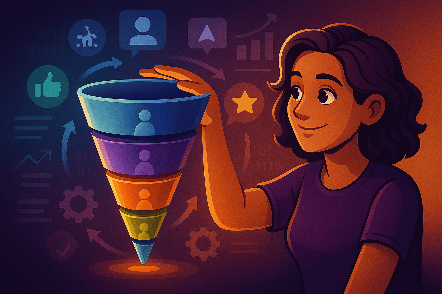 Illustration of a friendly young woman holding a colorful marketing funnel in the air, surrounded by icons for users, likes, growth, and conversions.