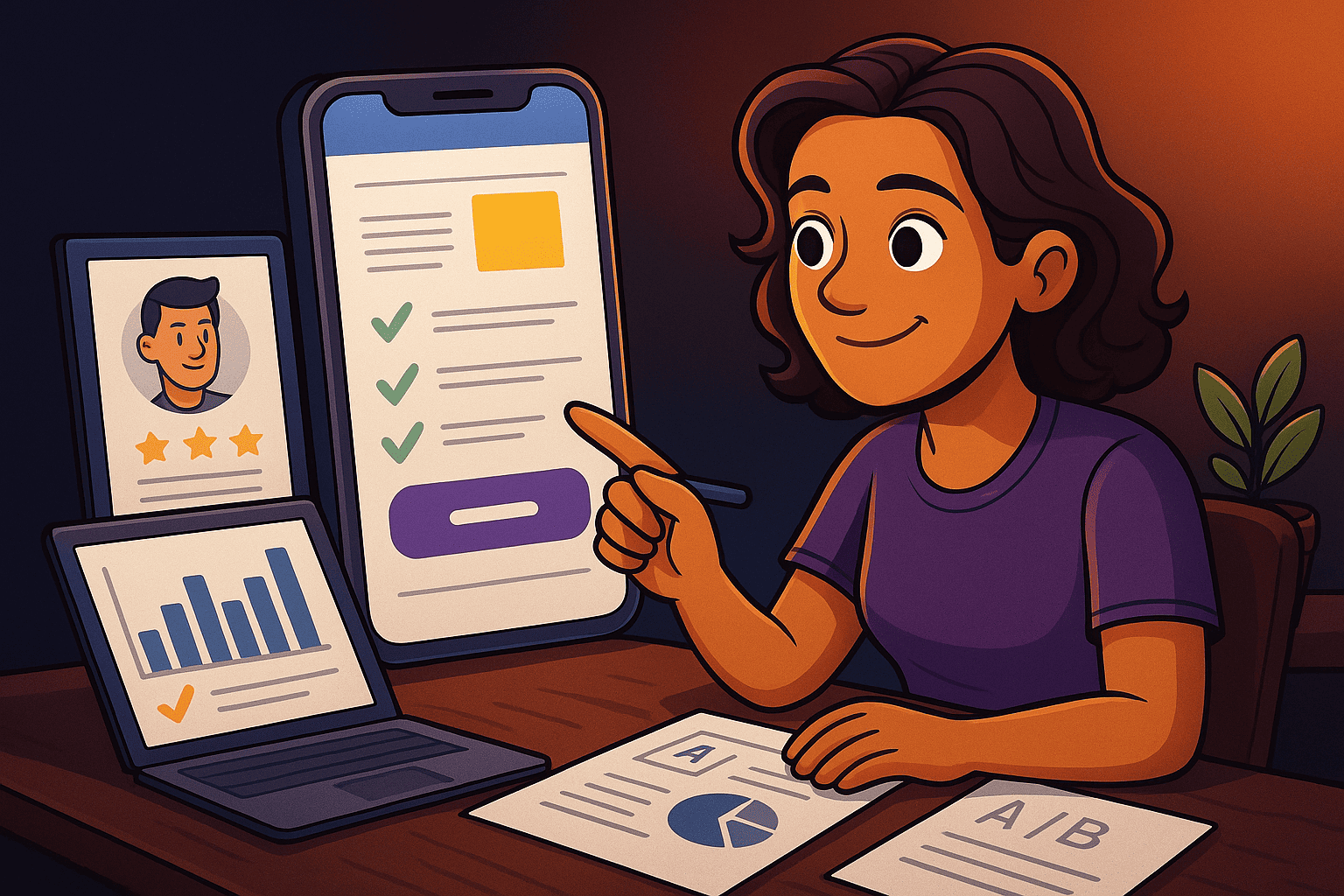 Young woman pointing at a large smartphone displaying an optimized form; charts and A/B testing documents are placed around her.