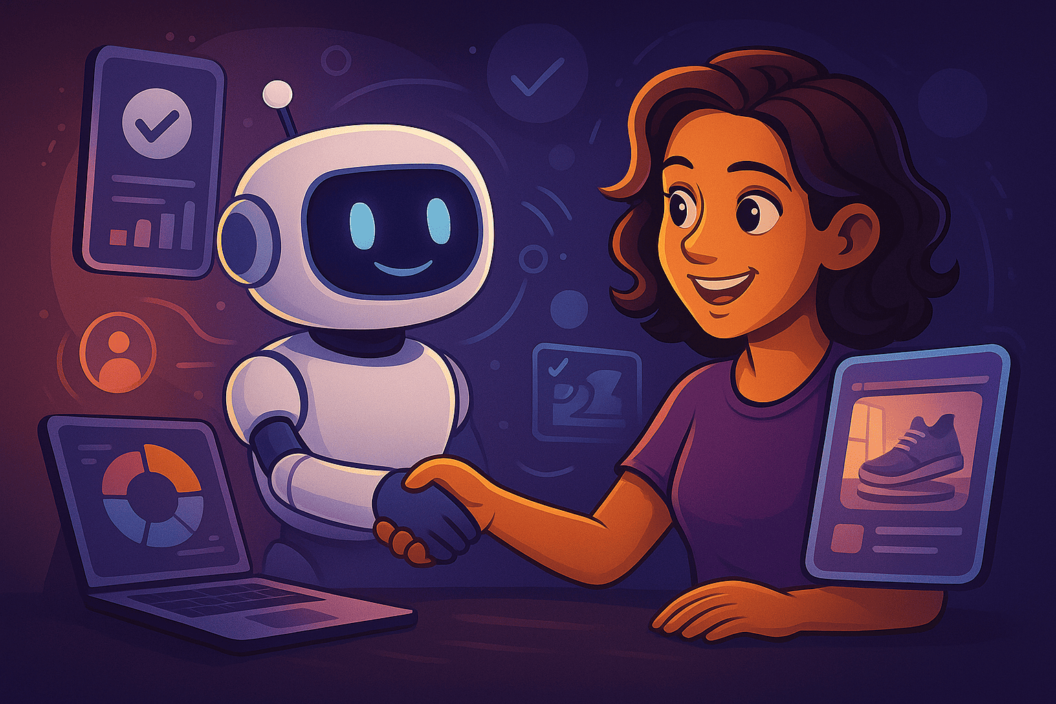 Young woman shaking hands with a small AI robot, surrounded by screens showing data, charts, and personalized product recommendations.