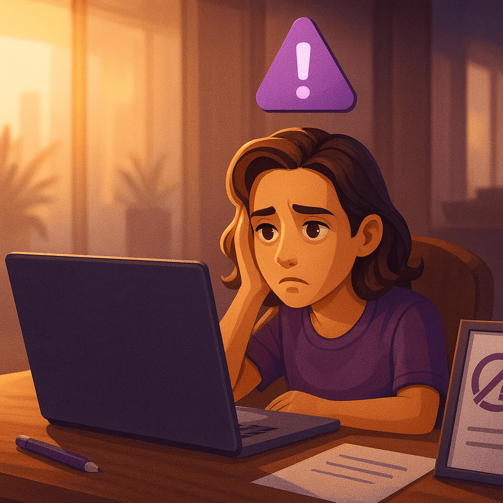 A young woman sits frustrated in front of her laptop while a purple warning icon with an exclamation mark hovers above her head, symbolizing common funnel mistakes and analysis issues.