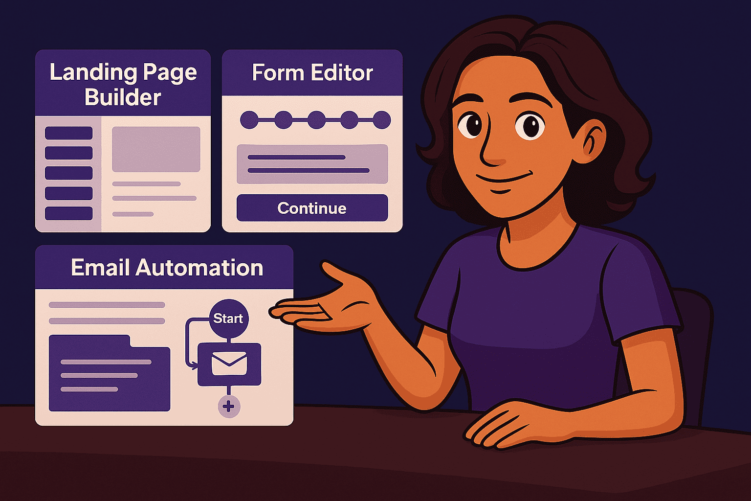 Illustration of a woman presenting the features landing page builder, form editor and email automation. Visual overview of the key tools of a funnel and lead generation software.