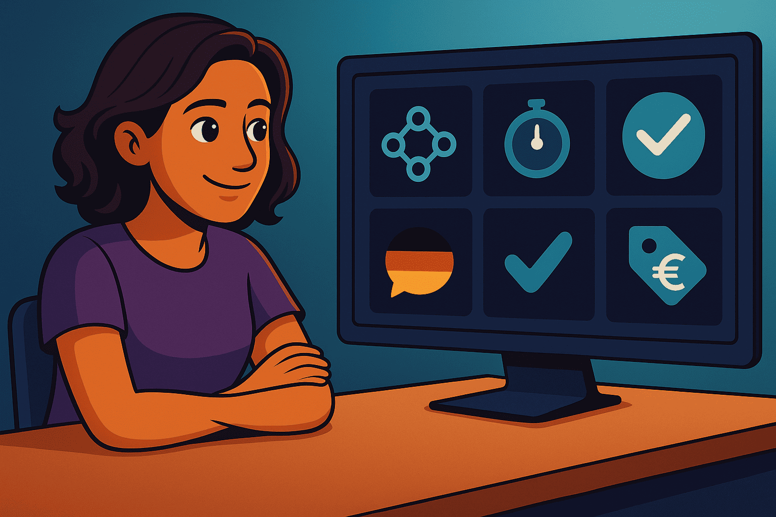 Illustration of a woman sitting in front of a monitor displaying icons for funnels, timers, checkmarks, chat and pricing features. Visual representation of the key modules of a marketing and lead software.