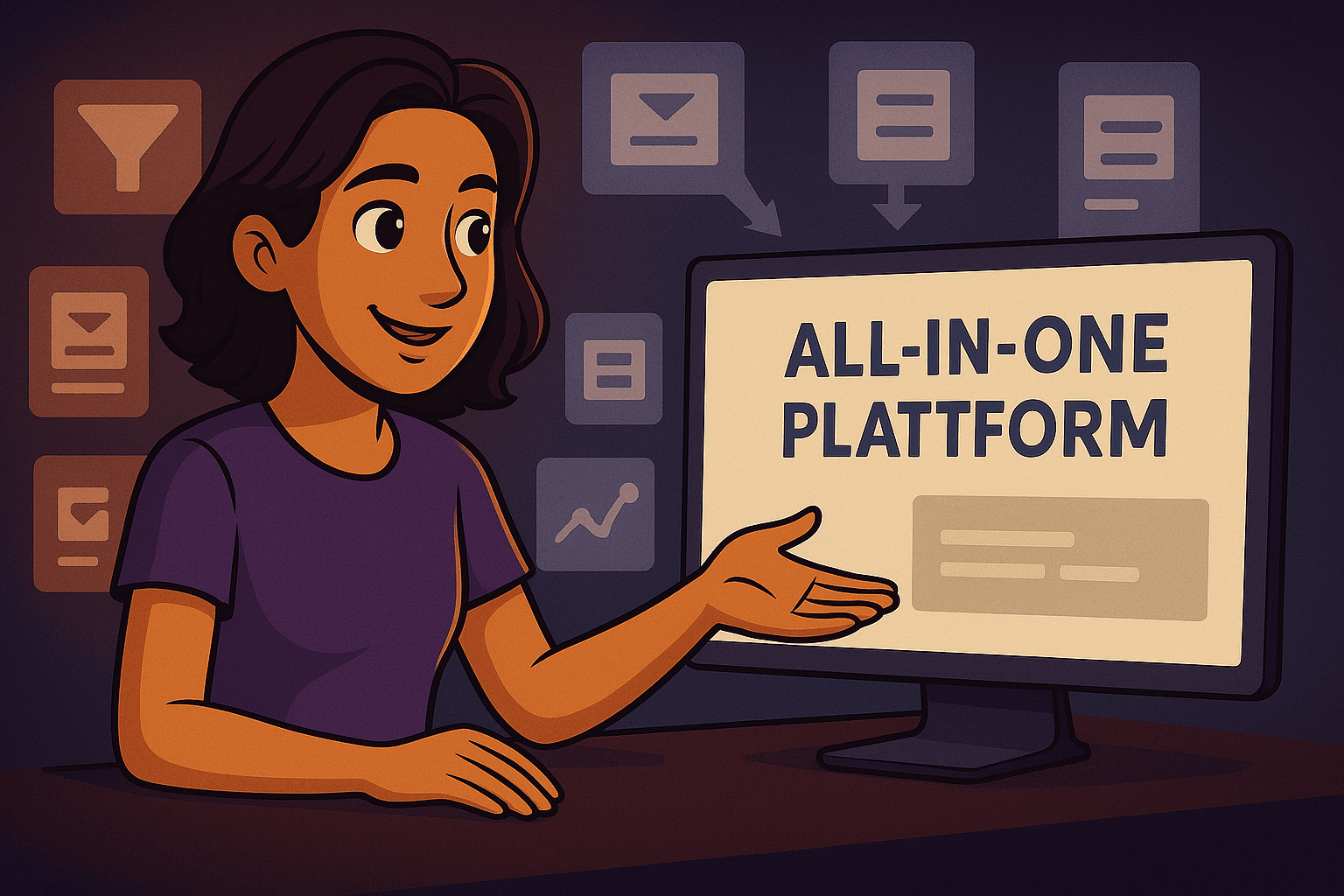 Illustration of a woman in the Funnelforms signature style pointing at a screen showing ‘All-in-One Platform’; various funnel, email, CRM and analytics icons appear in the background, symbolizing the simplification of multiple separate tools into one unified system.
