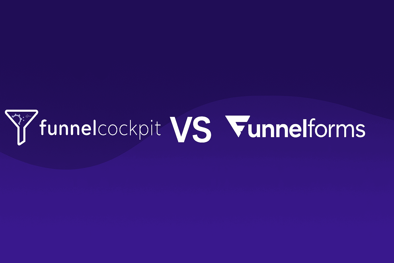 Comparison graphic showing the FunnelCockpit and Funnelforms logos on a purple background, illustrating the differences between the two marketing platforms.