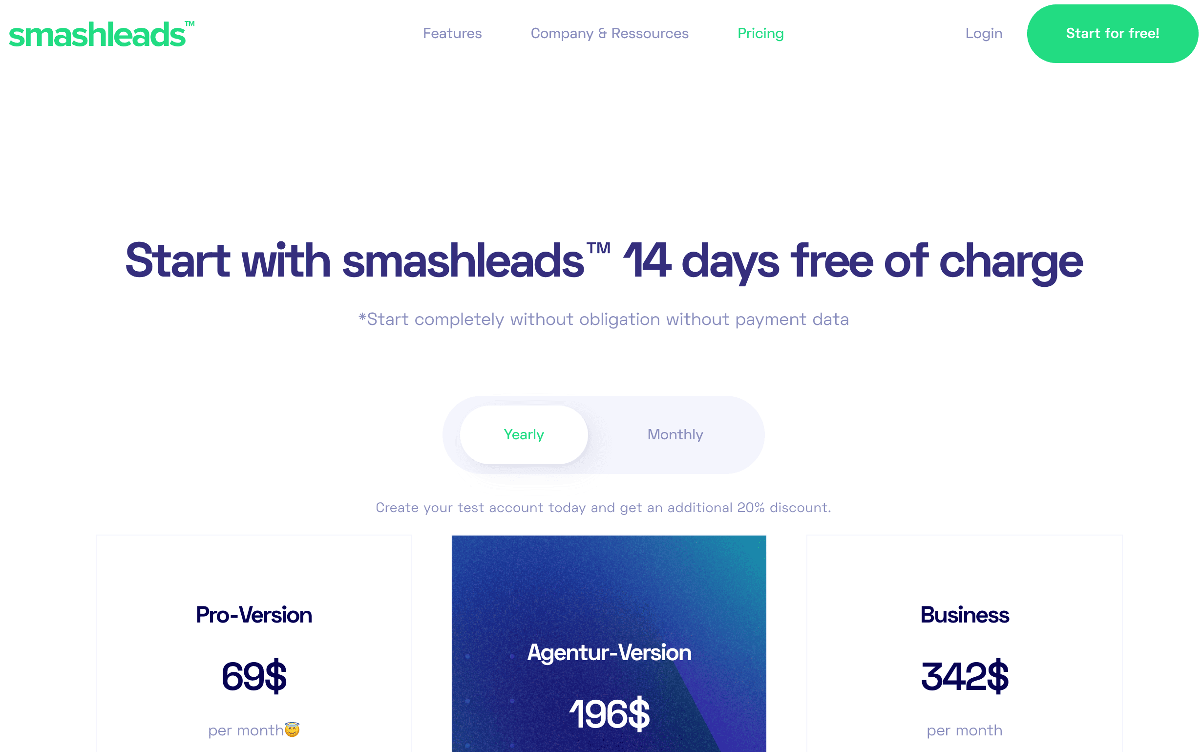 Screenshot der Smashleads-Preisseite mit Headline „Generiere auch du einfach mehr Leads“, kostenlosem 14-Tage-Test und einer Tarifübersicht für Pro-, Agentur- und Business-Version zur Leadgenerierung.