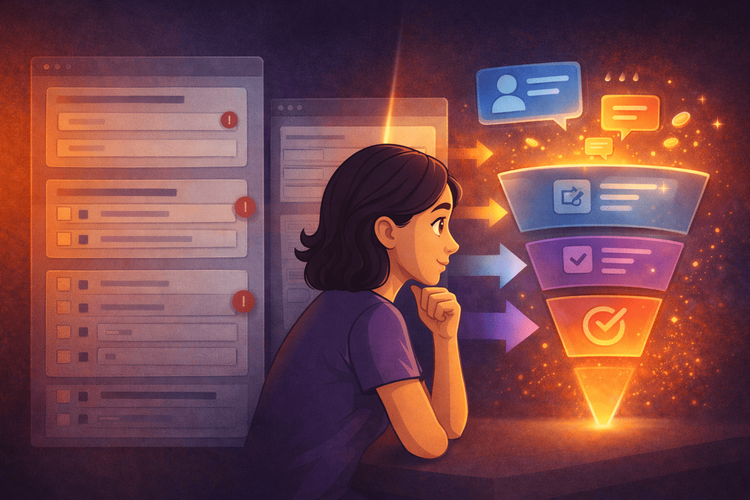 Illustration of a woman observing an interactive funnel where static form fields are gradually filtered into qualified leads, symbolizing the shift from lead quantity to lead quality.