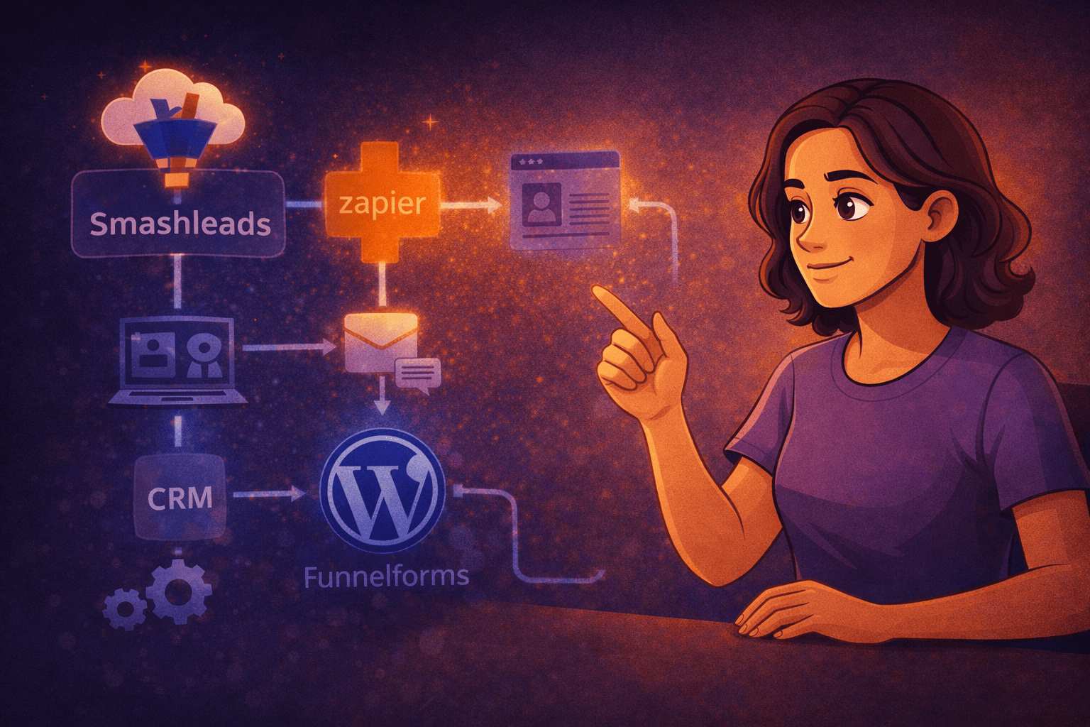 Illustration of Smashleads connected via Zapier to CRM, email, and WordPress systems with automated lead flow.