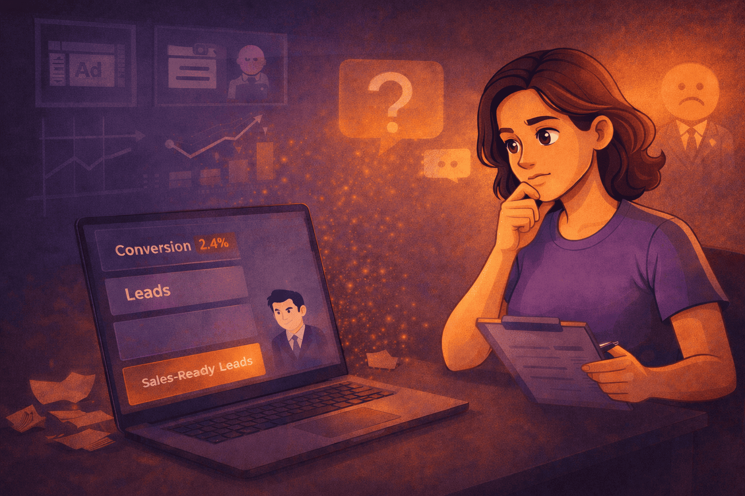 Illustration of a woman analyzing lead data on a laptop, showing conversion rate and sales-ready leads.