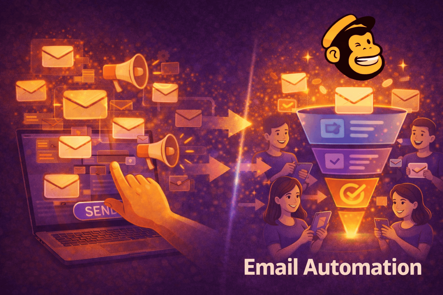 Illustration of an email automation: On the left side, the sending of emails is triggered via a laptop, which then automatically flow into a marketing funnel. On the right side, different recipients pass through multiple funnel stages with personalized messages until a successful interaction is achieved. The graphic visualizes Mailchimp automations with triggers, audiences, and automated email workflows.