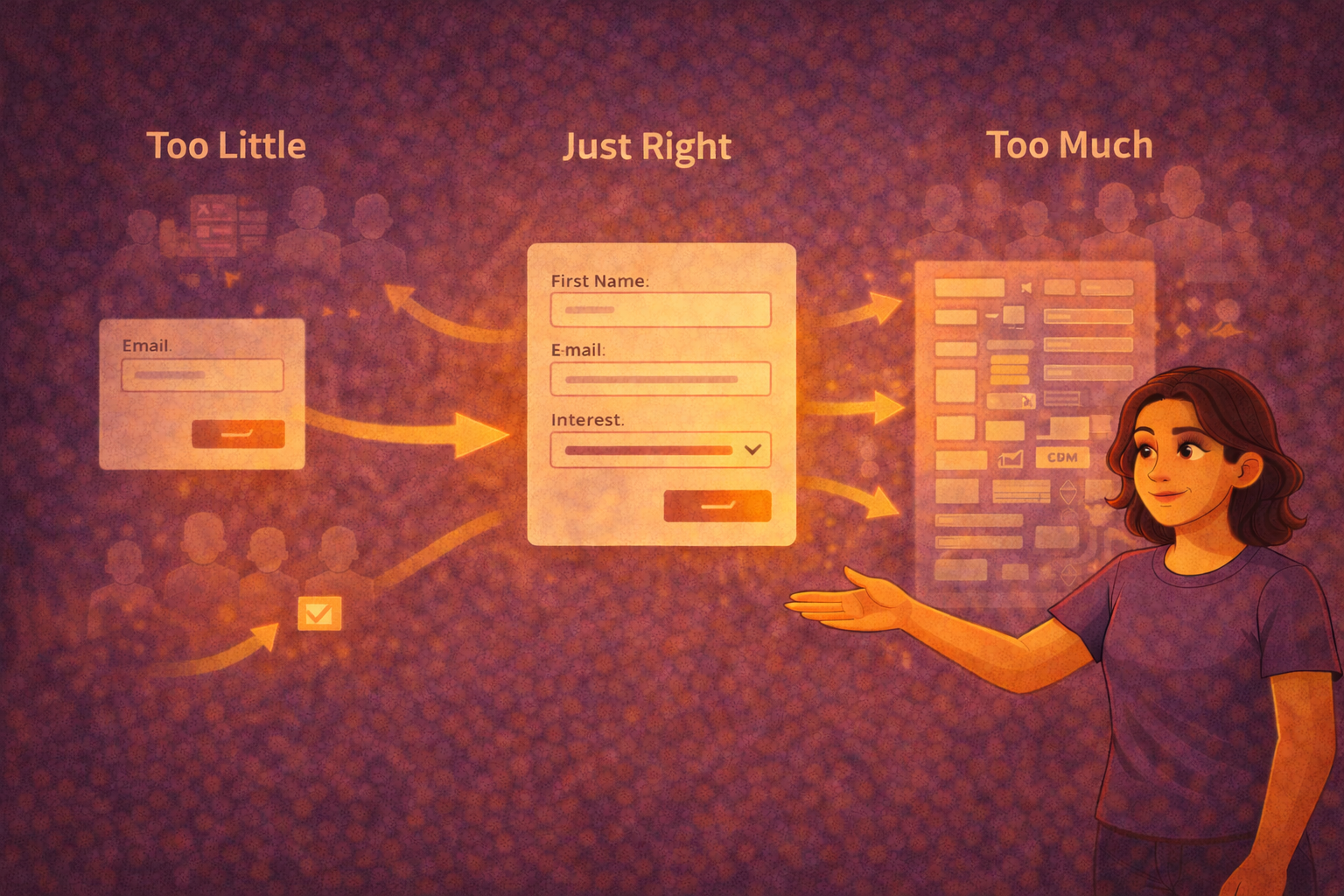 Illustration of data collection in email marketing: a comparison between too few, optimal, and too many form fields, shown through an entrepreneur explaining how balanced input data improves the quality of segmentation and automations in ActiveCampaign.