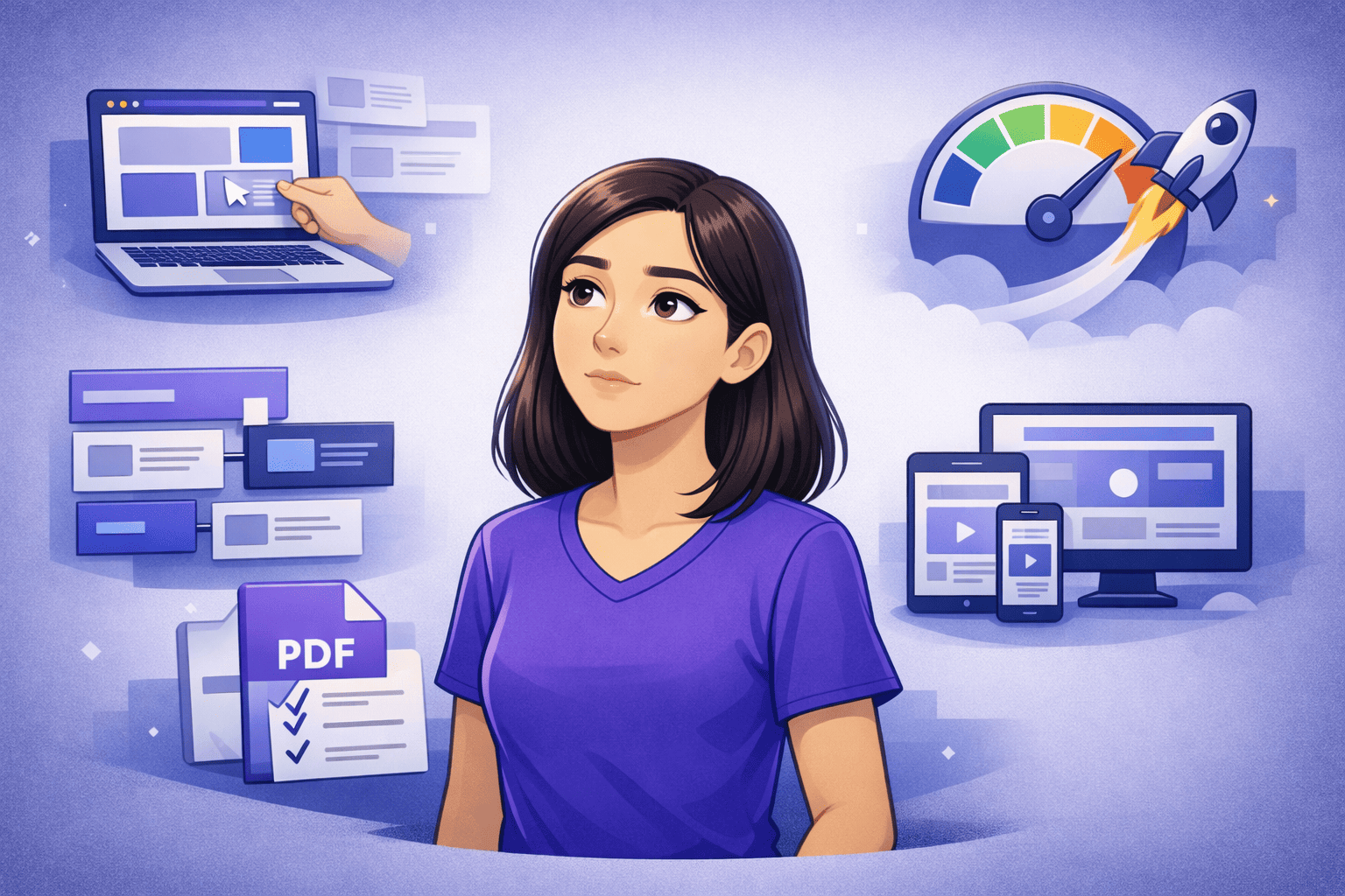 Illustration in the Funnelforms design style: a woman working on a laptop, surrounded by five panels representing the key benefits of the Onepage Page Builder—easy setup, structure and efficiency, lightning-fast loading times, responsive design, and compelling storytelling. Clean icons, purple color palette, and a modern flat style.