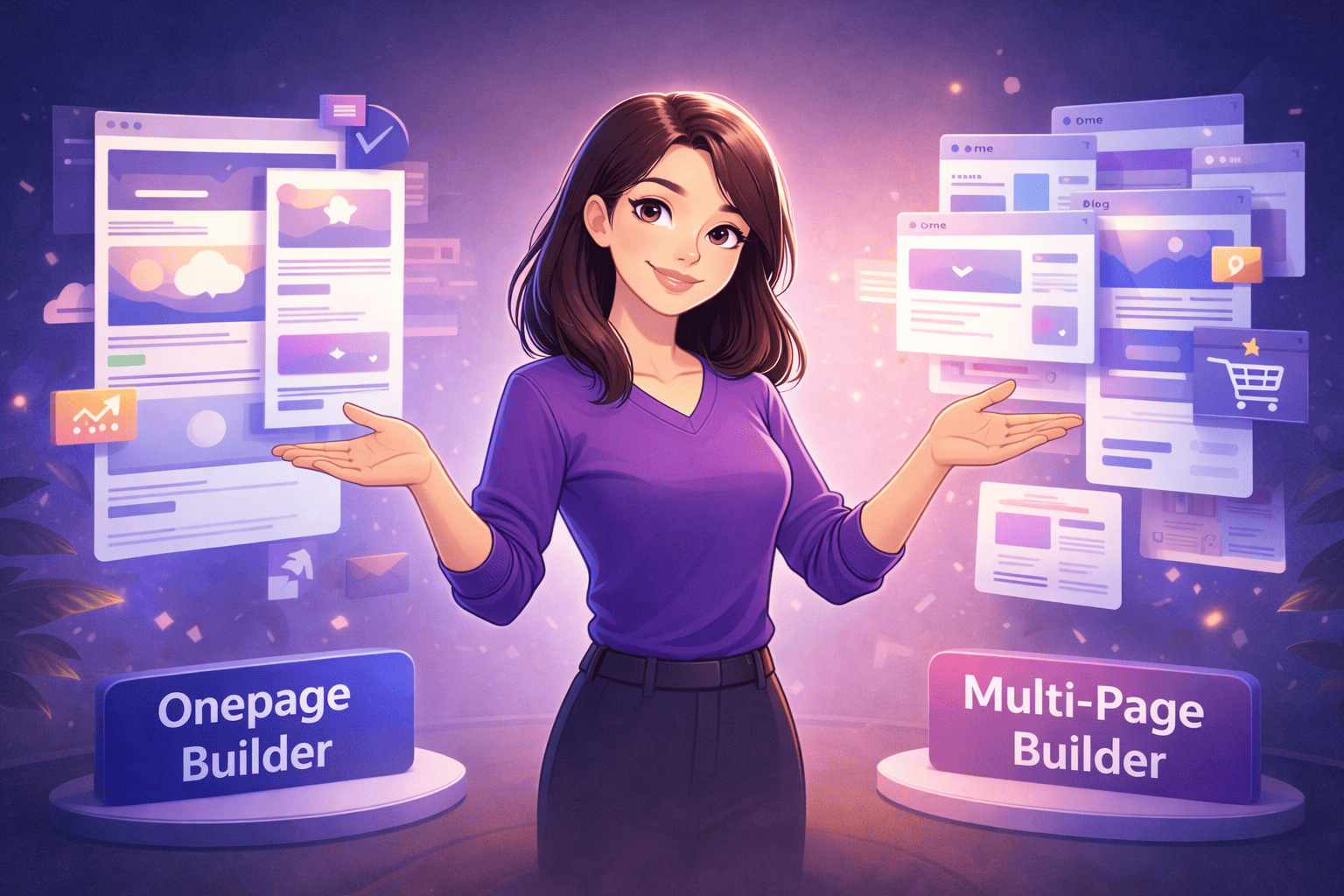 Illustration of a young woman positioned between two info boxes comparing Onepage and Multi-Page builders, highlighting differences such as focus, responsive design, structure, and scalability.