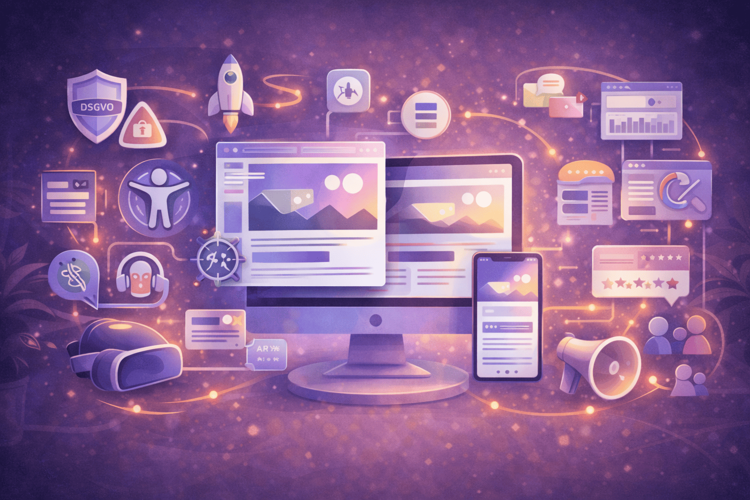 Illustration of future-proof web design featuring abstract UI elements, icons for accessibility, sustainability, data protection, AI, and interaction, along with modern interface components symbolizing technological trends and innovation.