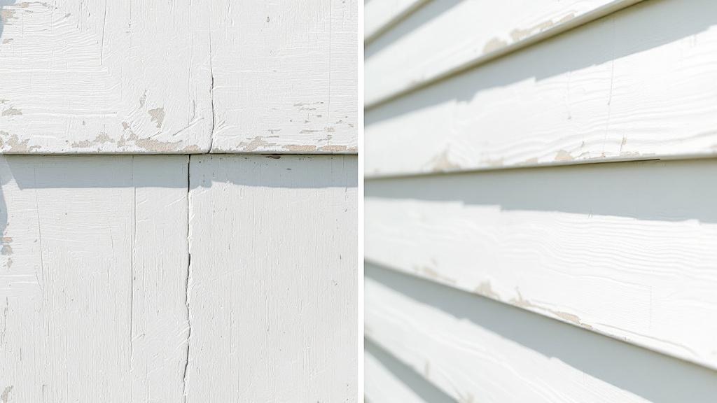Weathered vinyl siding showing fading and damage