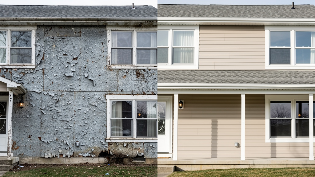 Home exterior before and after siding replacement