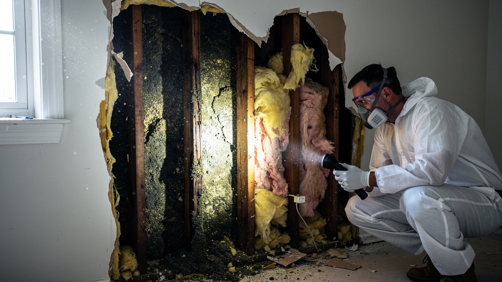 Exposed wall cavity showing rot and mold damage