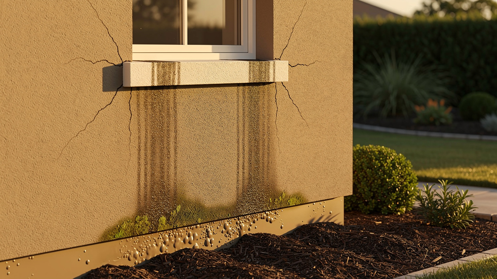 Stucco wall displaying multiple moisture damage warning signs