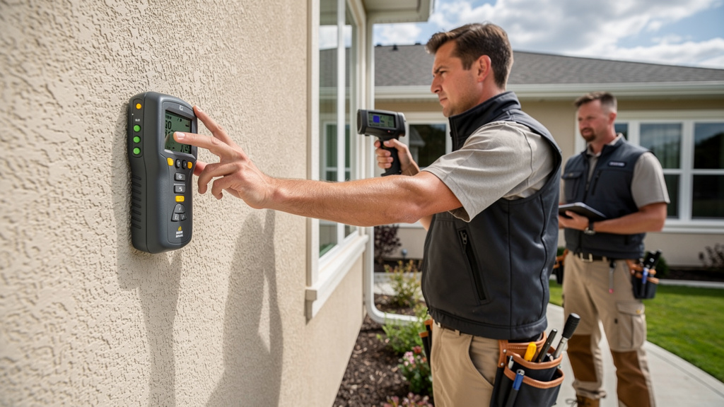 Professional technician testing stucco wall for moisture