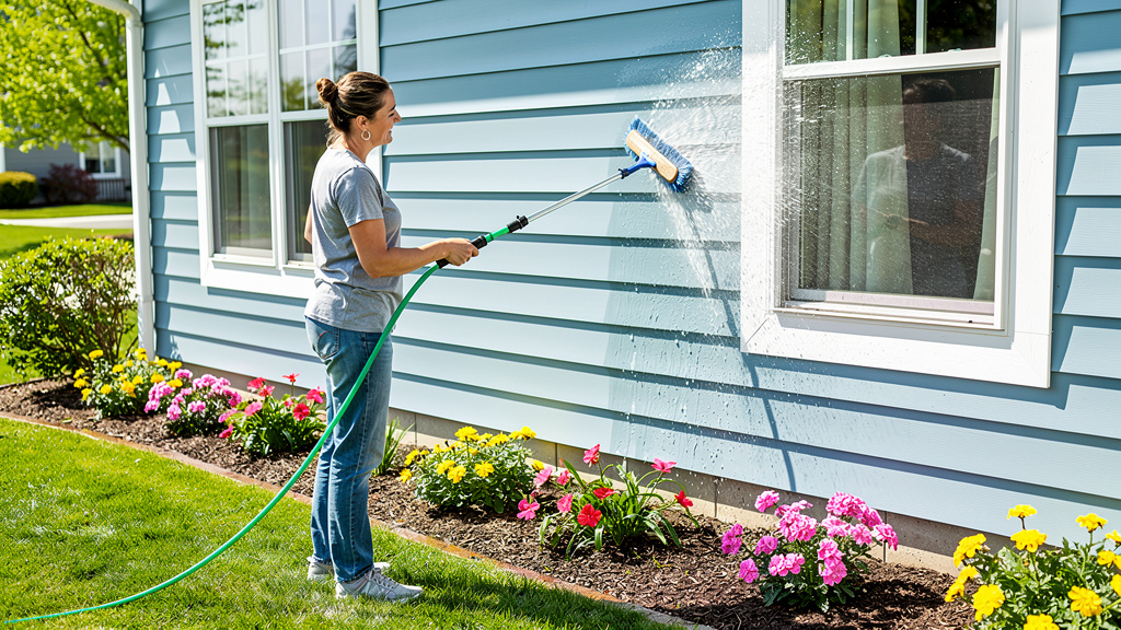 Homeowner performing simple siding maintenance with garden hose