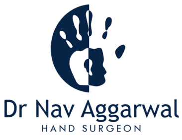 Logo featuring a stylized handprint combined with a wrist silhouette, accompanied by the text 'Dr Nav Aggarwal HAND SURGEON'.