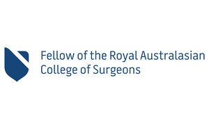 Logo with text Fellow of the Royal Australasian College of Surgeons and a blue abstract shield symbol.
