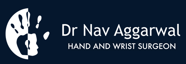 Logo with a white half circle containing a stylized hand and wrist shaped like a human profile, next to text 'Dr Nav Aggarwal Hand and Wrist Surgeon' on a dark blue background.