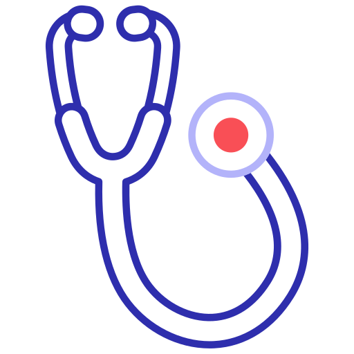 Illustration of a stethoscope with blue tubing and a red diaphragm.