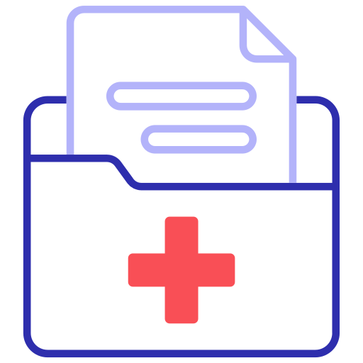 Medical file folder with a red cross and a document inside with lines representing text.