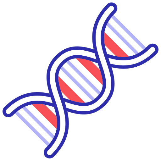 Simplified illustration of a DNA double helix with red and light purple base pairs.