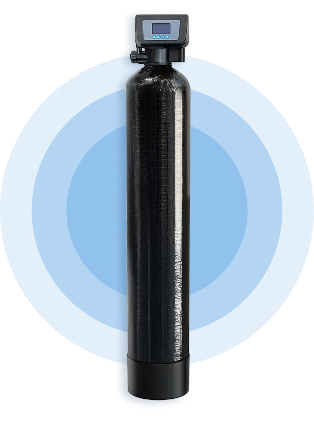 Water softener tank with a digital control head and connected pipes.