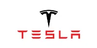 Tesla logo with stylized T and red lettering.