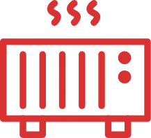 Red heater icon with steam lines.