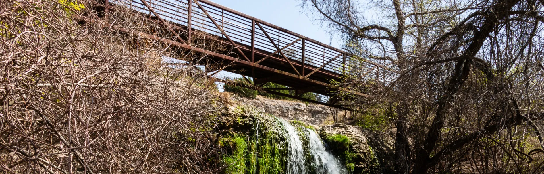 A bridge over a small waterfall surrounded by trees and shrubs.