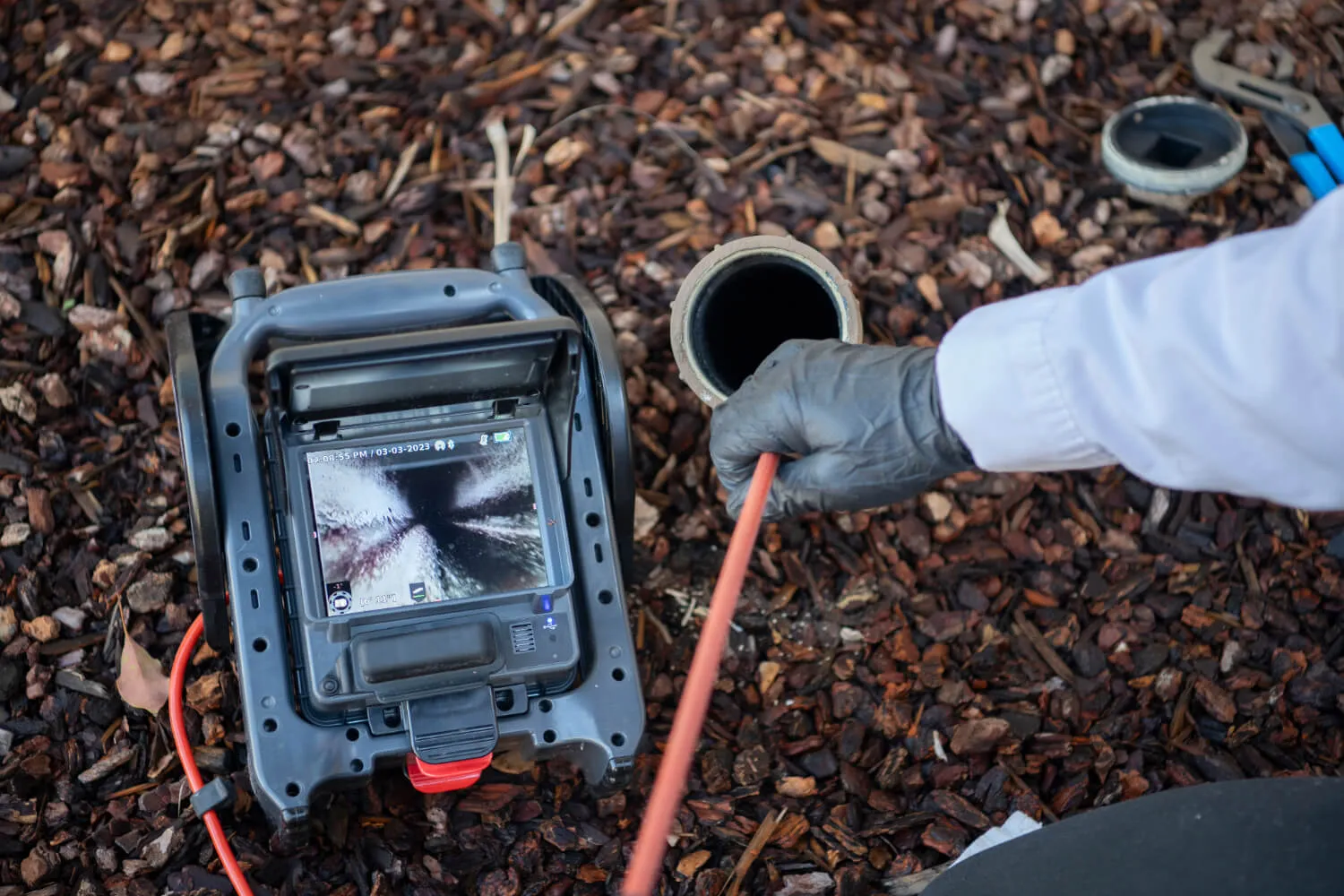 A person wearing a glove inserts a sewer inspection camera cable into an outdoor pipe while monitoring the footage on a screen displaying the pipe's interior, with mulch and tools visible on the ground.