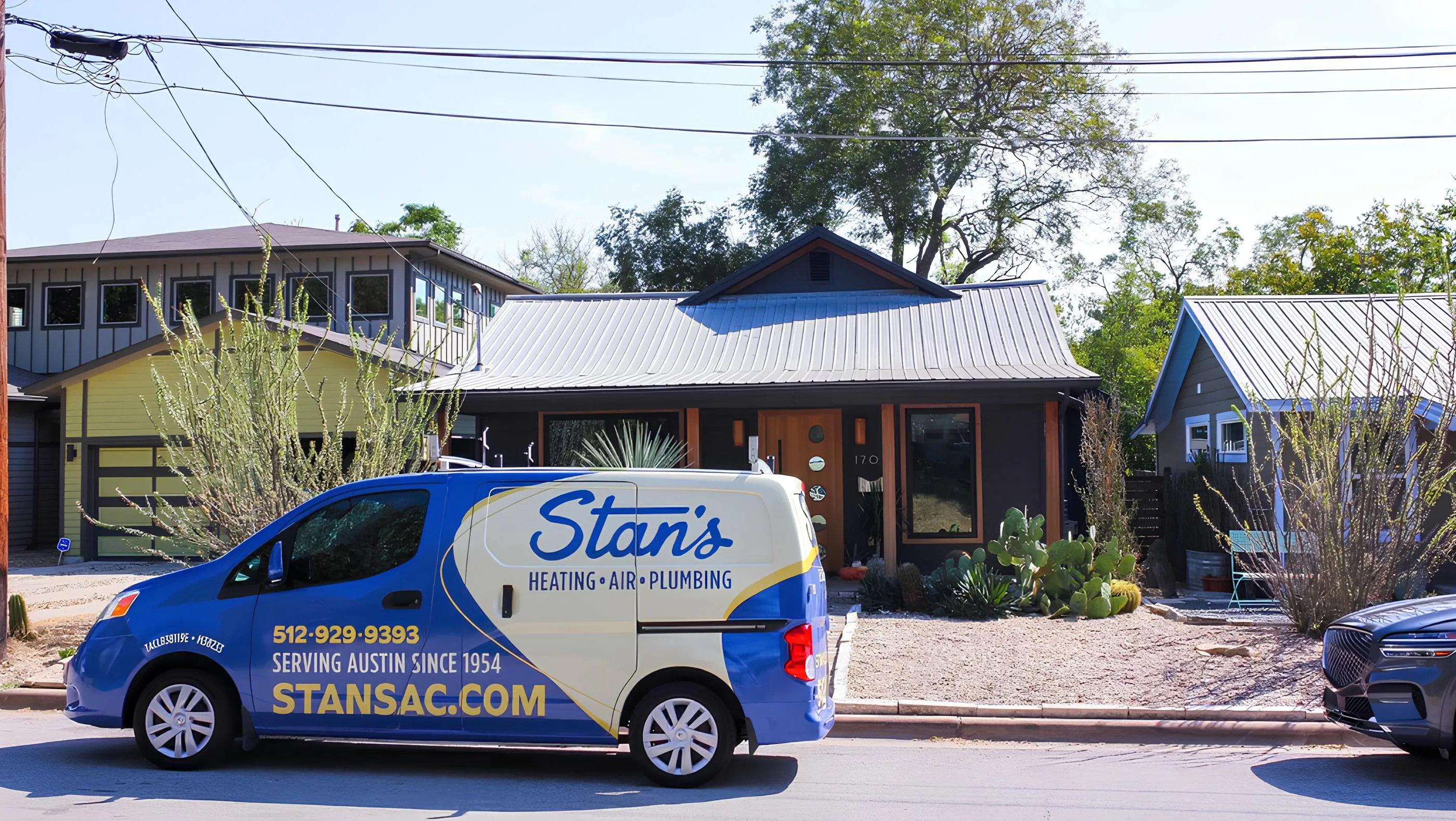 Stan's HVAC van parked in front of house, Austin, TX.