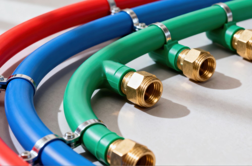 Close-up of curved red, blue, and green plastic pipes with brass threaded connectors and metal clamps on a light surface.