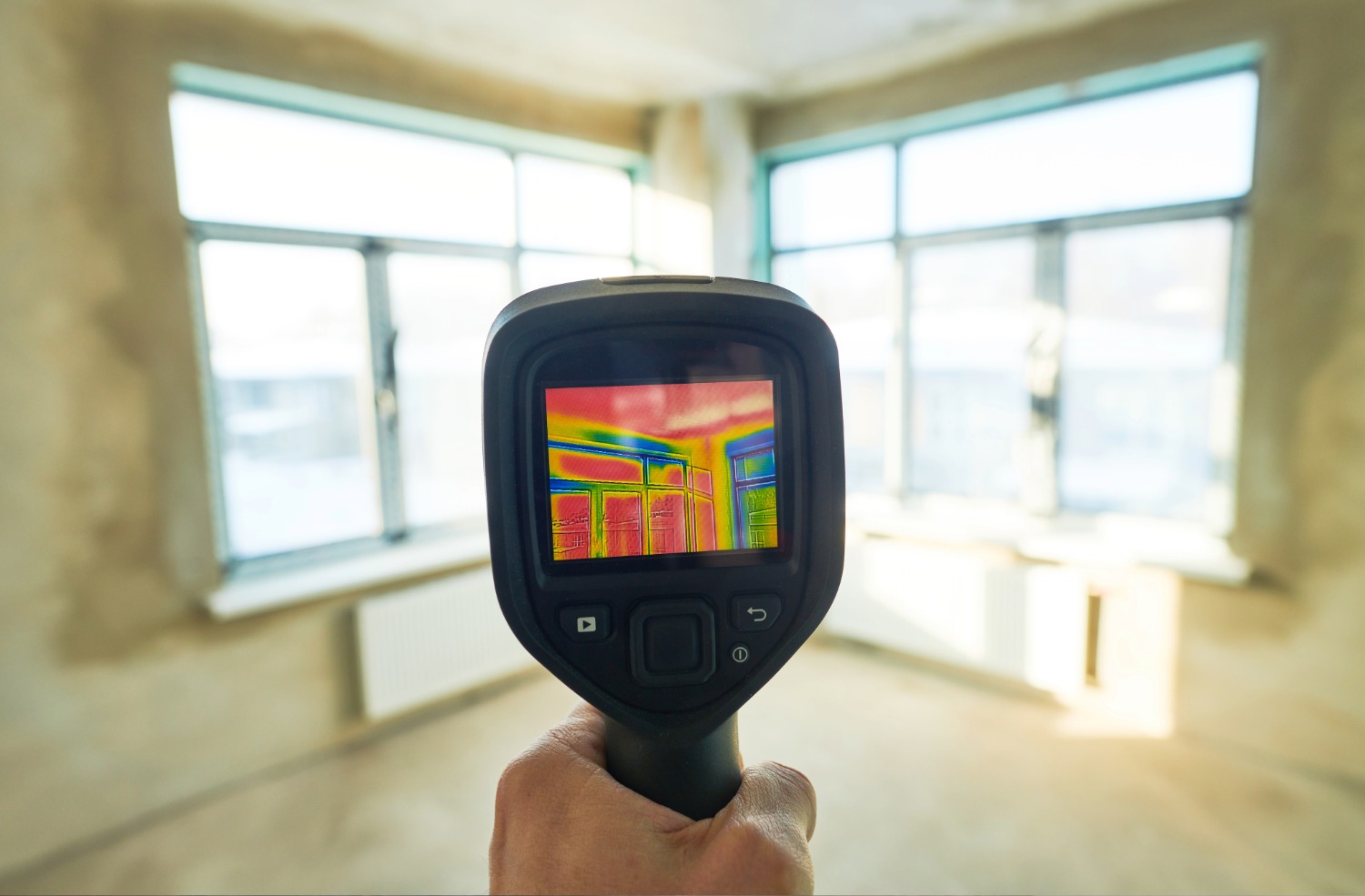 Handheld thermal imaging camera screen showing heat map of window edges in a room.